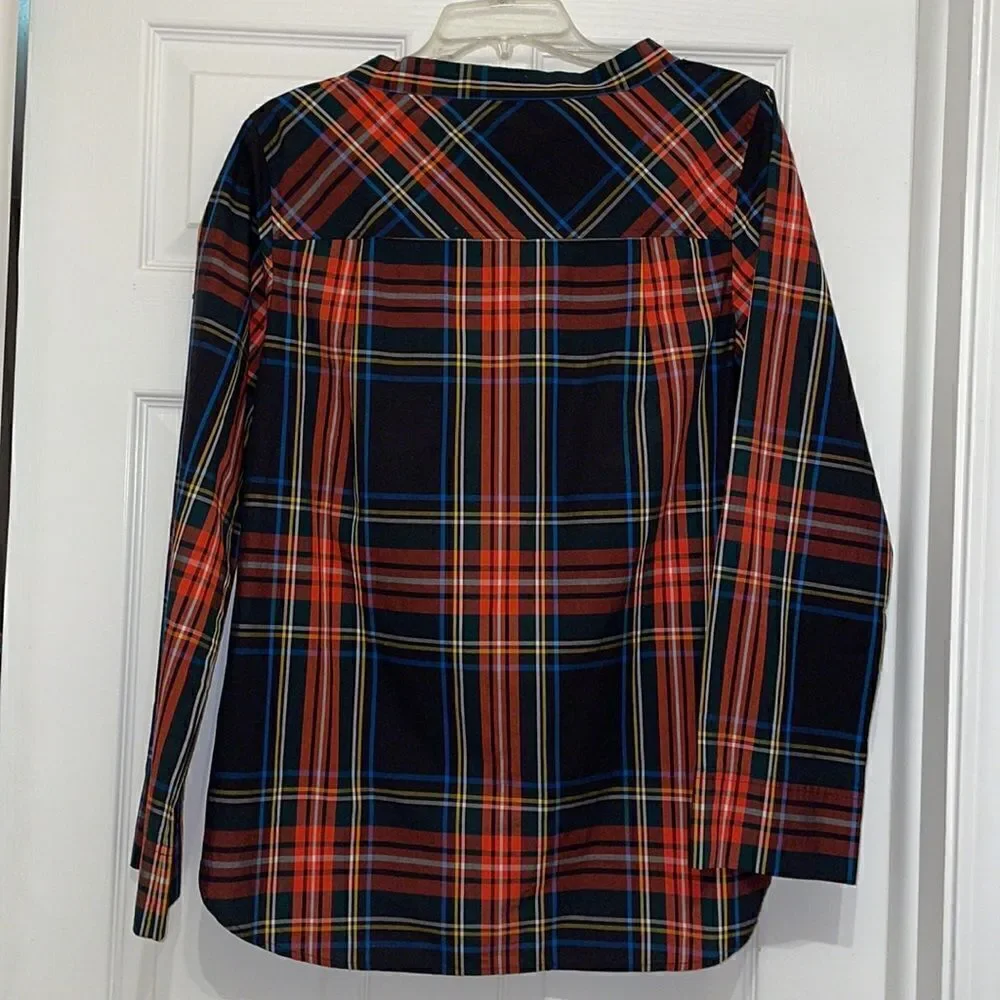 J Crew Holiday Stewart Plaid Blouse with Jewel Accessories